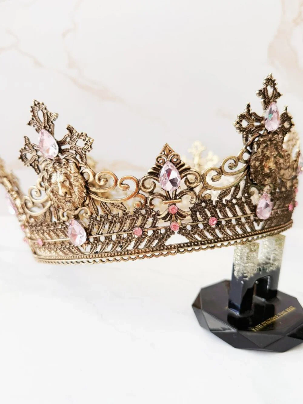Vintage Style Gold Lion Crown with Pink Crystals, Royal King Queen Headpiece